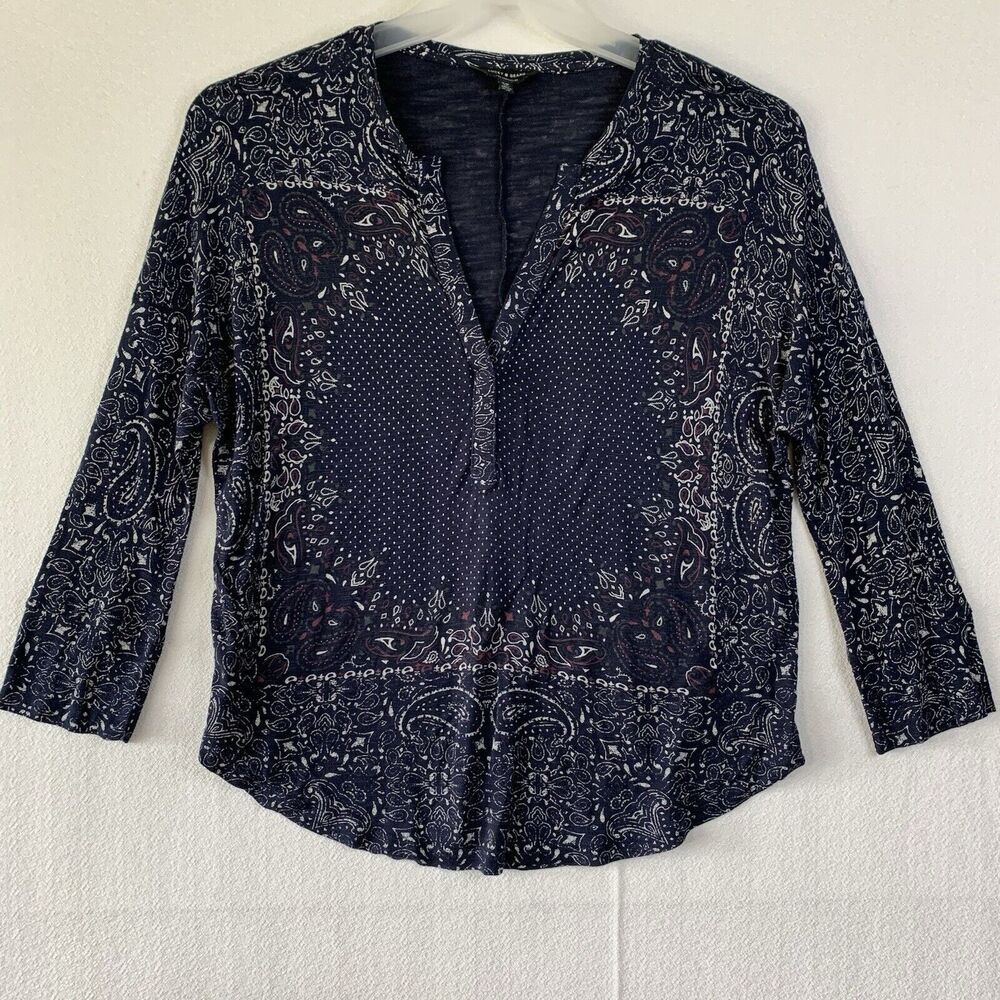 Lucky Brand Top Blouse Shirt Women Small Blue Paisley Print Long Sleeve V Neck